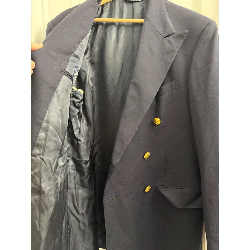 Polo Ralph Lauren Mens Navy Wool Double Breasted Blazer Gold Buttons 40L USA